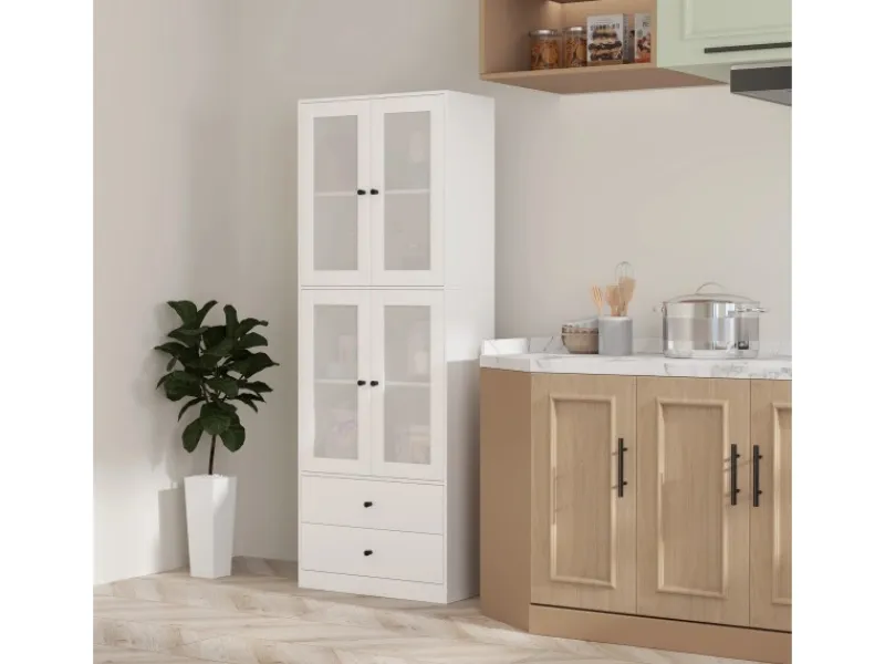 Online HOMCOM Küchenschrank Spanplatte Glas 59L x 30B x 170H cm Weiß