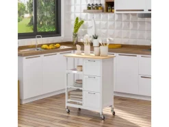 HOMCOM Küchenwagen mit 3 Schubladen & 3 Ebenen Arbeitsplatte Weiß  67 x 37 x 85 cm< Servierwagen