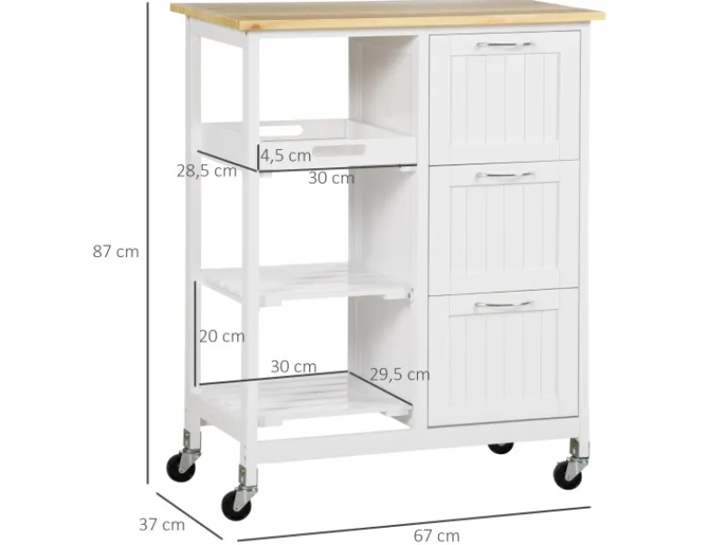 HOMCOM Küchenwagen mit 3 Schubladen & 3 Ebenen Arbeitsplatte Weiß 67 x 37 x 85 cm< Servierwagen
