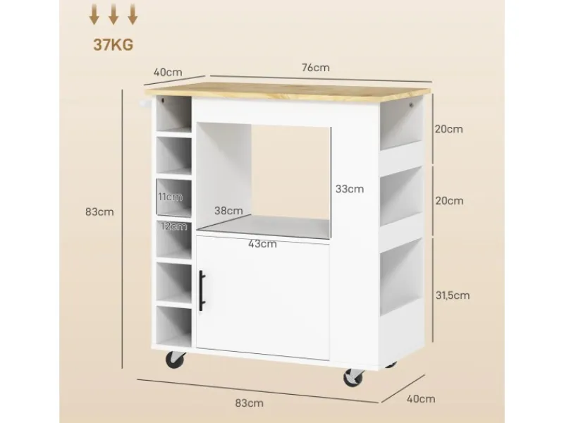 HOMCOM Servierwagen|Schneidebretter<Küchenwagen mit Arbeitsplatte Spanplatte Eiche 83L x 40B x 83H cm