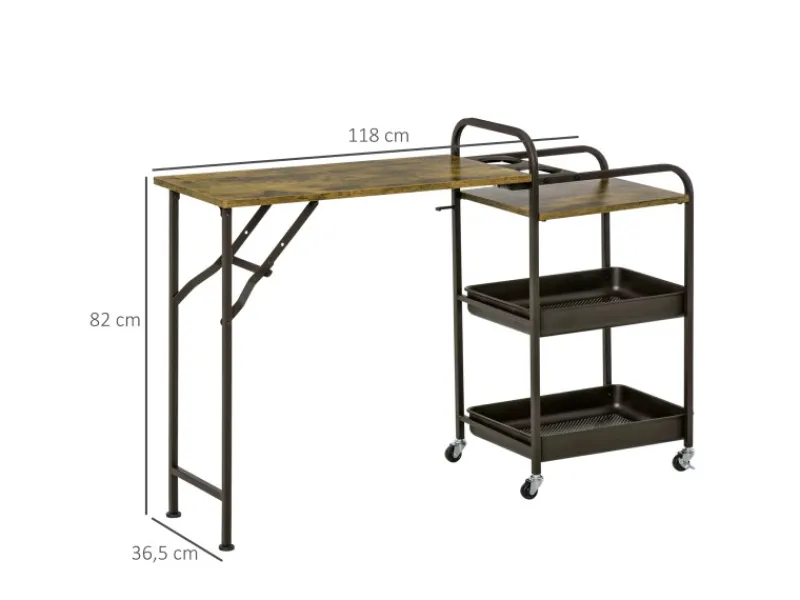 HOMCOM Servierwagen<Küchenwagen mit Klappbarer Tischplatte Rustikal-Braun 118 x 36,5 x 82cm