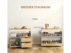 Discount HOMCOM Küchenwagen Spanplatte Gummiholz Eiche 107L x 50B x 85H cm