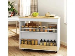 Discount HOMCOM Küchenwagen Spanplatte Gummiholz Eiche 107L x 50B x 85H cm