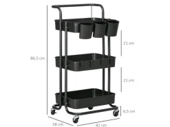 HOMCOM Servierwagen<Servierwagen mit Haken Stahl ABS Schwarz 42L x 38B x 86,5H cm