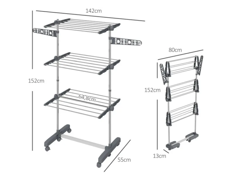 HOMCOM Wäschetrockner mit Rollen 3 Ebenen Klappbar Stahl Grau 142 x 55 x 152 cm< Wäschetrockner
