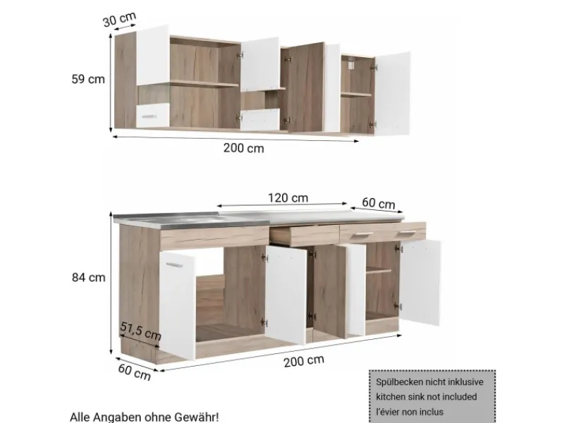 Homestyle4u Küchenzeile ohne Geräte 200 cm Eiche Matt 2356< Single-Küchen|Miniküchen