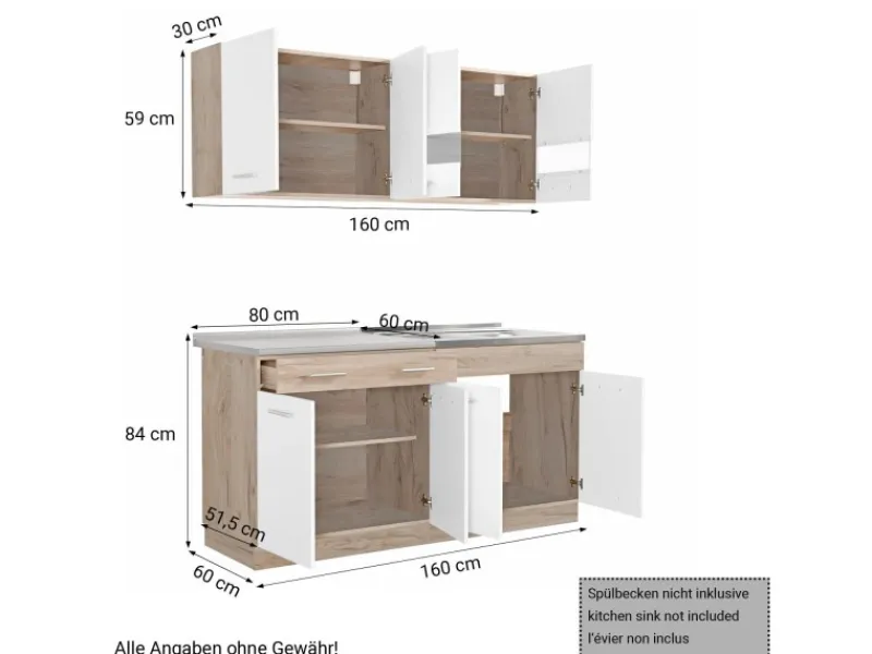 Homestyle4u Moderne Küche ohne Geräte 160x206,5x60 cm in Eiche Braun 2354< Single-Küchen
