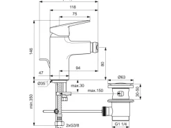 Ideal Standard Einhebelmischer<Bidetarmatur Ceraplan mit Ablaufgarnitur Schwarz Matt