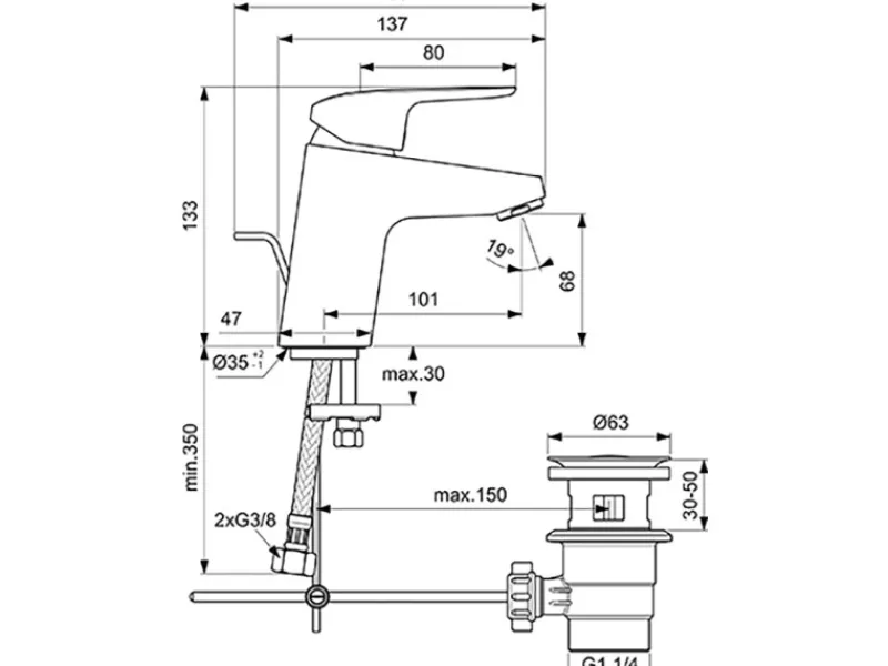 Ideal Standard Waschtischarmatur Ceraflex mit Kunststoff-Ablaufgarnitur Chrom< Einhebelmischer