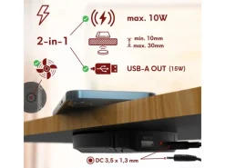 New kalb DualCharge 10W Drahtlos Ladegerät Mit 15W USB Ausgang Unterbau Bis 30 mm Unsichtbar Induktionsladegerät Mit Lüfter Netzteil 1200 mm Kabel