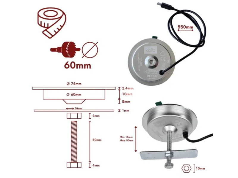 Haushaltsgeräte<kalb 15W Einbau Drahtlos Ladegerät USB-C Druchmesser 60mm Schnell Ladestation für Smartphones Möbel Induktion Schnellladegerät Wireless Charger Platio