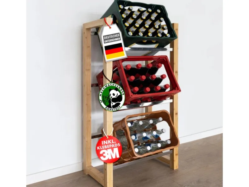Outlet Karat Bambus-Flaschenkastenständer Flash - Robustes Lagerregal für Büro, Küche, Garage oder Flur - 112 x 56 x 32 cm