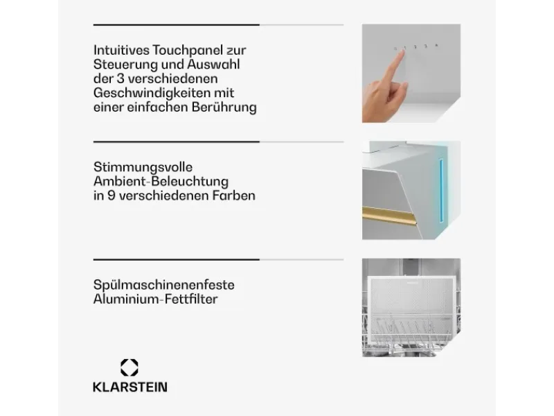 Klarstein Alina Dunstabzugshaube EEK A Touch LED-Beleuchtung Abluft/Umluft 600 m³/h< Inselhauben|Dunstabzugshauben-Filter