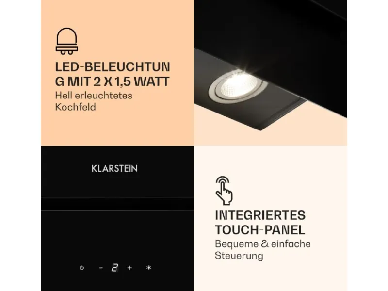 Klarstein Herde<Aurica 60 Dunstabzugshaube 60cm 600 m³/h LED Touch Glas Schwarz