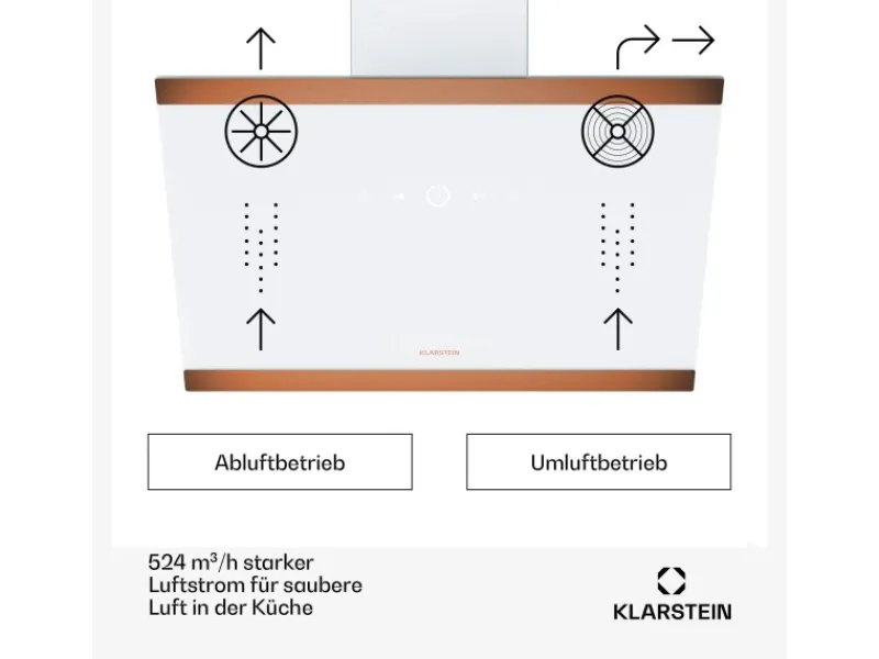 Outlet Klarstein FlashLine 60 Dunstabzugshaube A++ 524 m³/h 3 Stufen Touch Abluft/Umluft 100 W Weiß