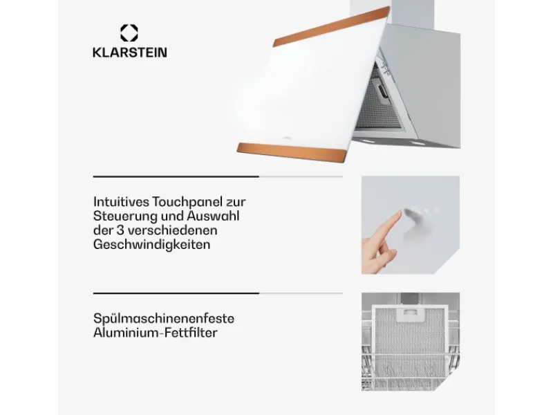 Outlet Klarstein FlashLine 60 Dunstabzugshaube A++ 524 m³/h 3 Stufen Touch Abluft/Umluft 100 W Weiß