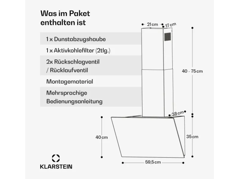 Outlet Klarstein FlashLine 60 Dunstabzugshaube A++ 524 m³/h 3 Stufen Touch Abluft/Umluft 100 W Weiß