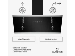 Klarstein FlashLine Dunstabzugshaube 90cm A++ 524m³/h 3 Stufen Touch LED Abluft/Umluft 100W Schwarz