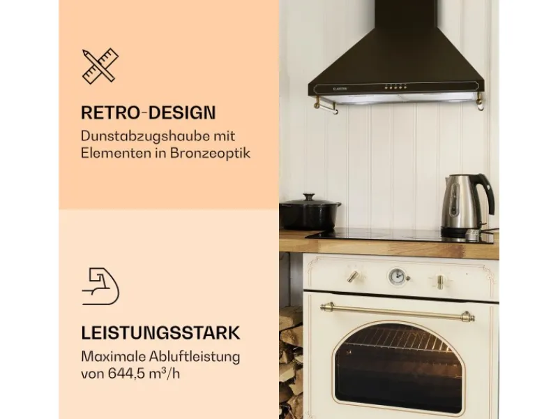 Klarstein Kochfelder<Victoria Dunstabzugshaube 60cm Retro-Design 644,5m³/h 2 LED-Lampen