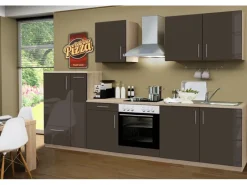 Herde|Kühlschränke<Menke Küchenzeile Premium 300 cm Lava Hochglanz-Sonoma Eiche Nachbildung