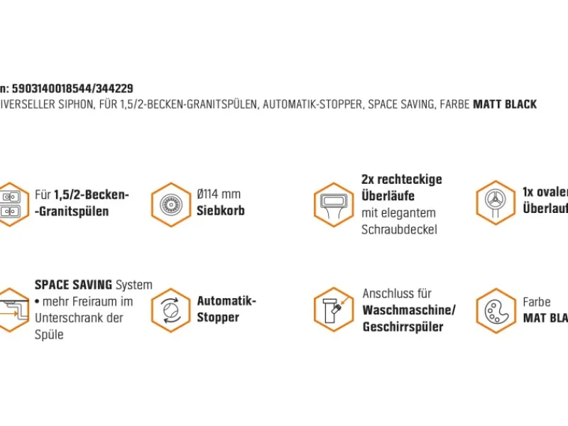 Miló Röhrensiphon-Set für Doppelbecken mit Exzenter Mattschwarz Ø 114 mm< Zubehör Für Küchenarmatur