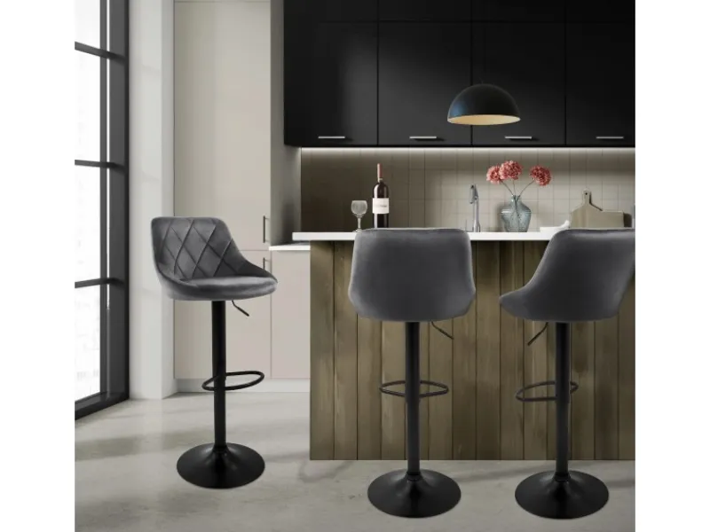 Hot ML-Design Barhocker 4Er Set aus Samt Grau mit Rückenlehne Drehbar Grau-Schwarz