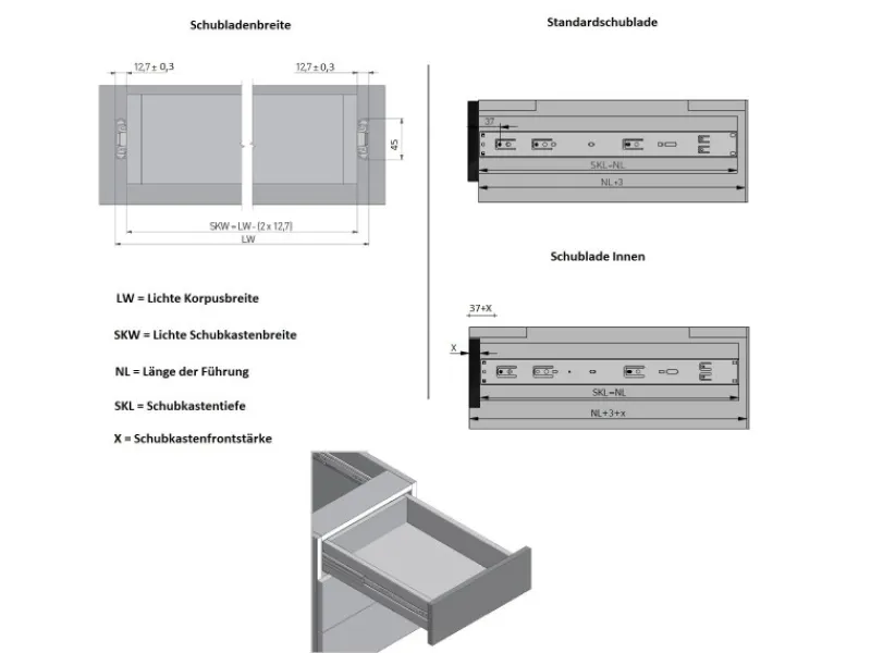 Clearance MS Beschläge Schubladenauszug Schwarz Vollauszug 30 KG 500 mm