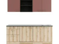 Optifit Bari407/Livorno290 Küchenzeile 210 cm Rostrot / Wildeiche Nachbildung< Kühlschränke|Winkelküchen