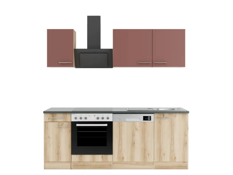 Optifit Winkelküchen<Bari407/Livorno290 Küchenzeile 210 cm Rostrot / Wildeiche Nachbildung