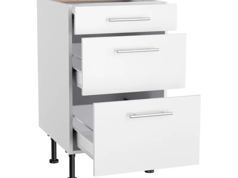 Optifit Küchen-Unterschrank mit 3 Auszügen Bengt932 50 cm x 87 cm x 58,4 cm Weiß< Küchenschränke