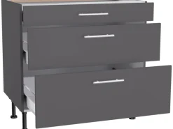 Optifit Küchen-Unterschrank mit 3 Auszügen Ingvar420 90 cm Anthrazit Matt< Küchenschränke