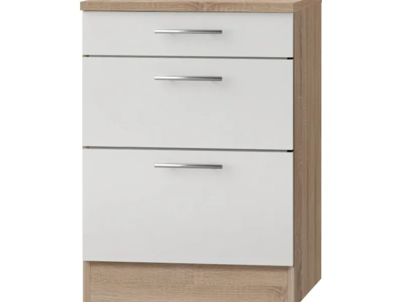 Optifit Küchen-Unterschrank mit 3 Auszügen Dakar286 60x84,8x60cm Weiß-Eiche< Küchenschränke