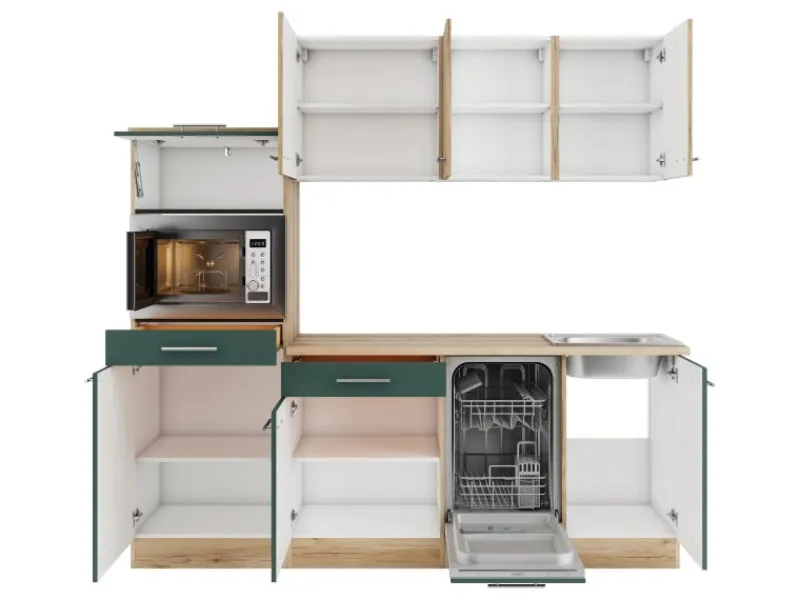 Optifit Küchenzeile KPLS 2181OE-9+ Li/Sav o. E-Ger. Wildeiche Nb./Steingr. 210cm< Kochfelder|Kühlschränke