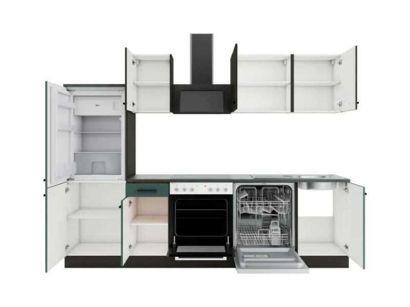Optifit Kühlschränke|Winkelküchen<Küchenzeile KPMV 2742-9+ Madrid420/Verona405 Anthrazit/ Steingrün 270 cm