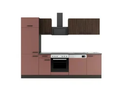 Outlet Optifit Küchenzeile KPRN2702OE-9+ Rim/Nizz o. E-Ger. Rillen Nussb./Rostrot 270cm