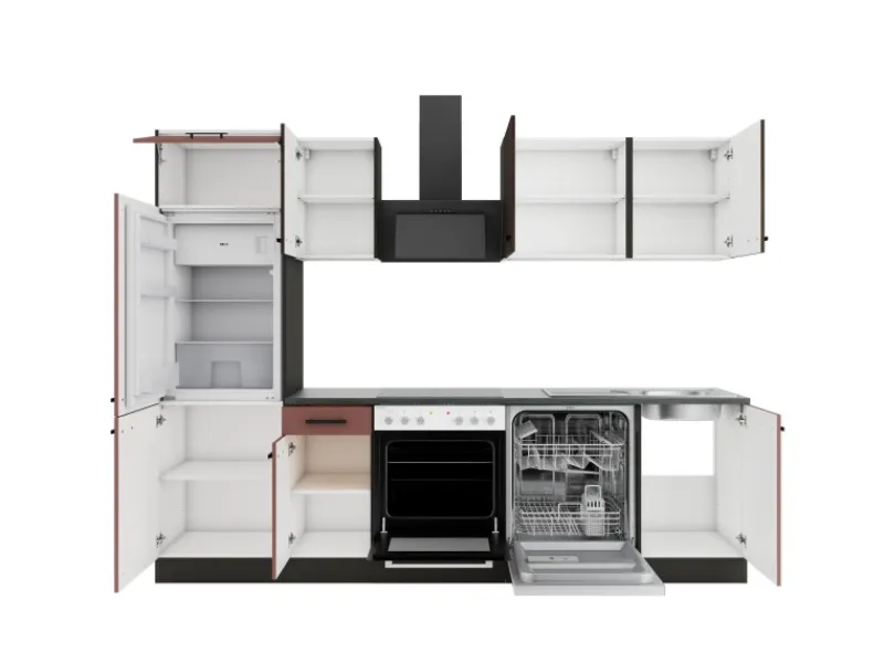 Outlet Optifit Küchenzeile KPRN2702OE-9+ Rim/Nizz o. E-Ger. Rillen Nussb./Rostrot 270cm