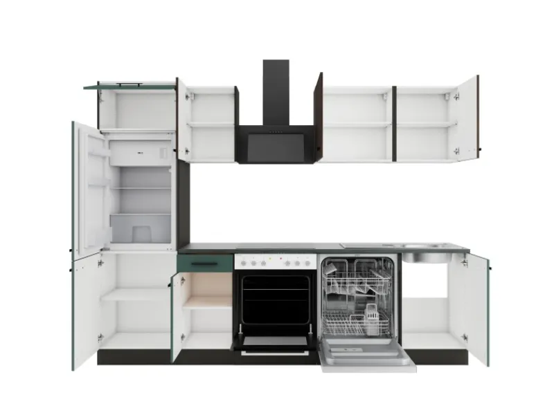 Optifit Kühlschränke|Einbauküchen<Küchenzeile KPRV2702OE-9+ Rim/Ver o. E-Ger. Rillen Nussb./Steingr. 270cm
