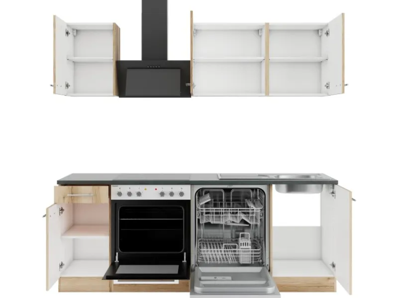 Optifit Livorno290 Küchenzeile 210 cm ohne E-Geräte Wildeiche Nachbildung< Kochfelder|Kühlschränke