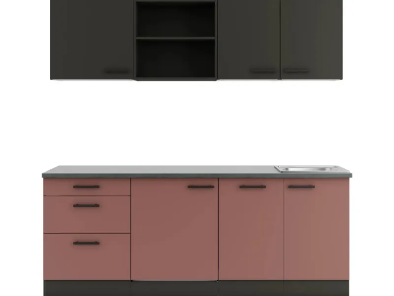 Clearance Optifit Madrid420/Nizza407 Küchenzeile 210 cm Anthrazit / Rostrot