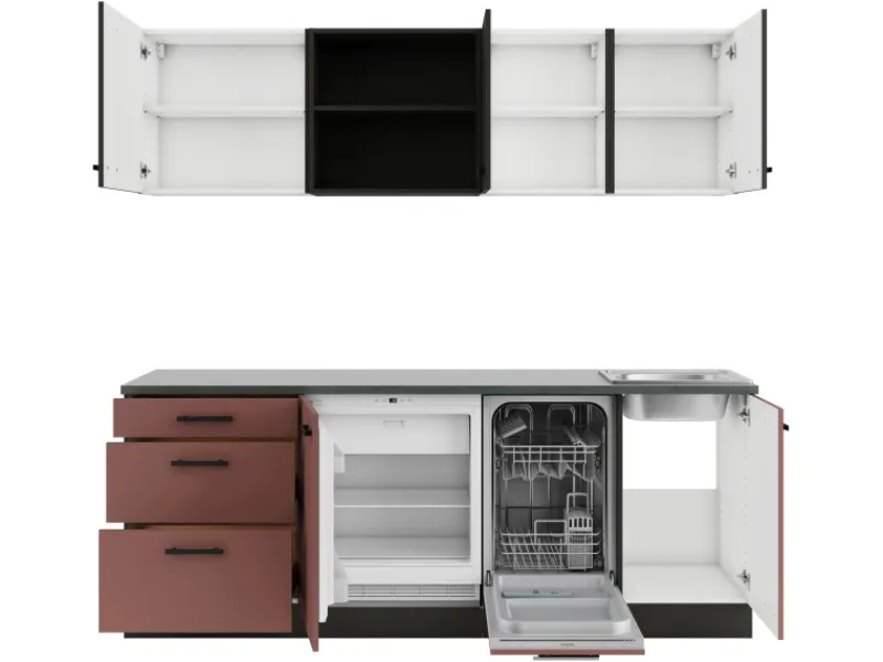 Clearance Optifit Madrid420/Nizza407 Küchenzeile 210 cm Anthrazit / Rostrot