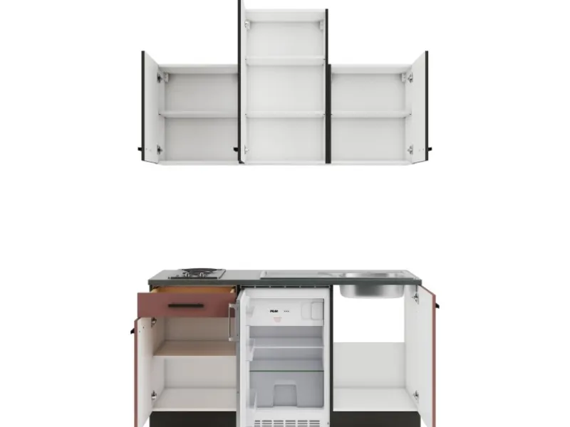 Hot Optifit Madrid420/Nizza407 Miniküche 150 cm Anthrazit / Rostrot