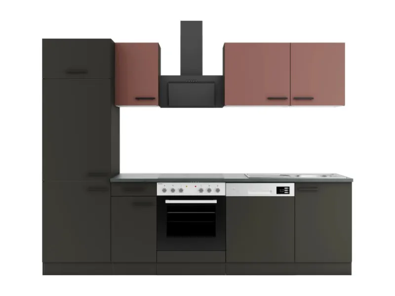 Optifit Nizza407/Madrid420 Küchenzeile 270 cm Rostrot / Anthrazit< Herde|Kühlschränke
