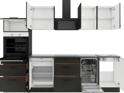 Optifit Kochfelder|Kühlschränke<Rimini409/Madrid420 Küchenzeile 270 cm Rillendekor Nussbaum/ Anthrazit