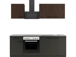 Optifit Rimini409/Madrid420 Küchenzeile 210 cm Rillendekor Nussbaum/ Anthrazit< Herde|Kochfelder