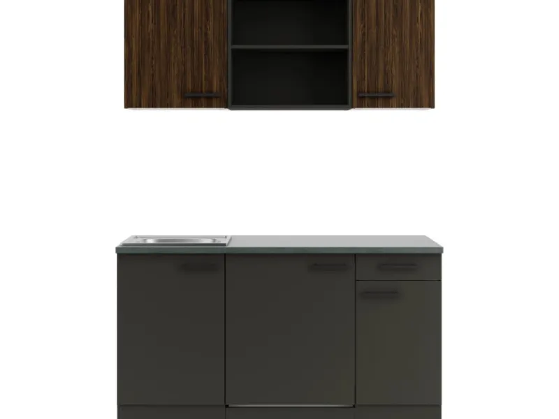 Optifit Miniküchen|Kühlschränke<Rimini409/Madrid420 Miniküche 150 cm Rillendekor Nussbaum/ Anthrazit