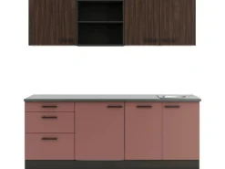 Optifit Kühlschränke|Winkelküchen<Rimini409/Nizza407 Küchenzeile 210 cm Rilllendekor Nussbaum / Rostrot