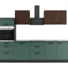 Optifit Rimini409/Verona405 Küchenzeile 270 cm Rillendekor Nussbaum / Steingrün< Kühlschränke|Winkelküchen