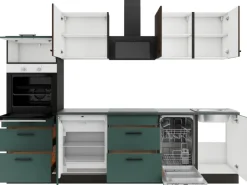Optifit Rimini409/Verona405 Küchenzeile 270 cm Rillendekor Nussbaum / Steingrün< Kühlschränke|Winkelküchen