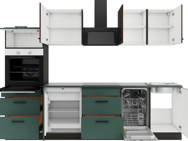 Optifit Rimini409/Verona405 Küchenzeile 270 cm Rillendekor Nussbaum / Steingrün< Kühlschränke|Winkelküchen