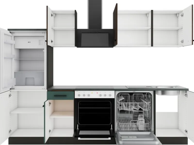 Optifit Kühlschränke|Winkelküchen<Rimini409/Verona405 Küchenzeile 270 cm Rillendekor Nussbaum / Steingrün